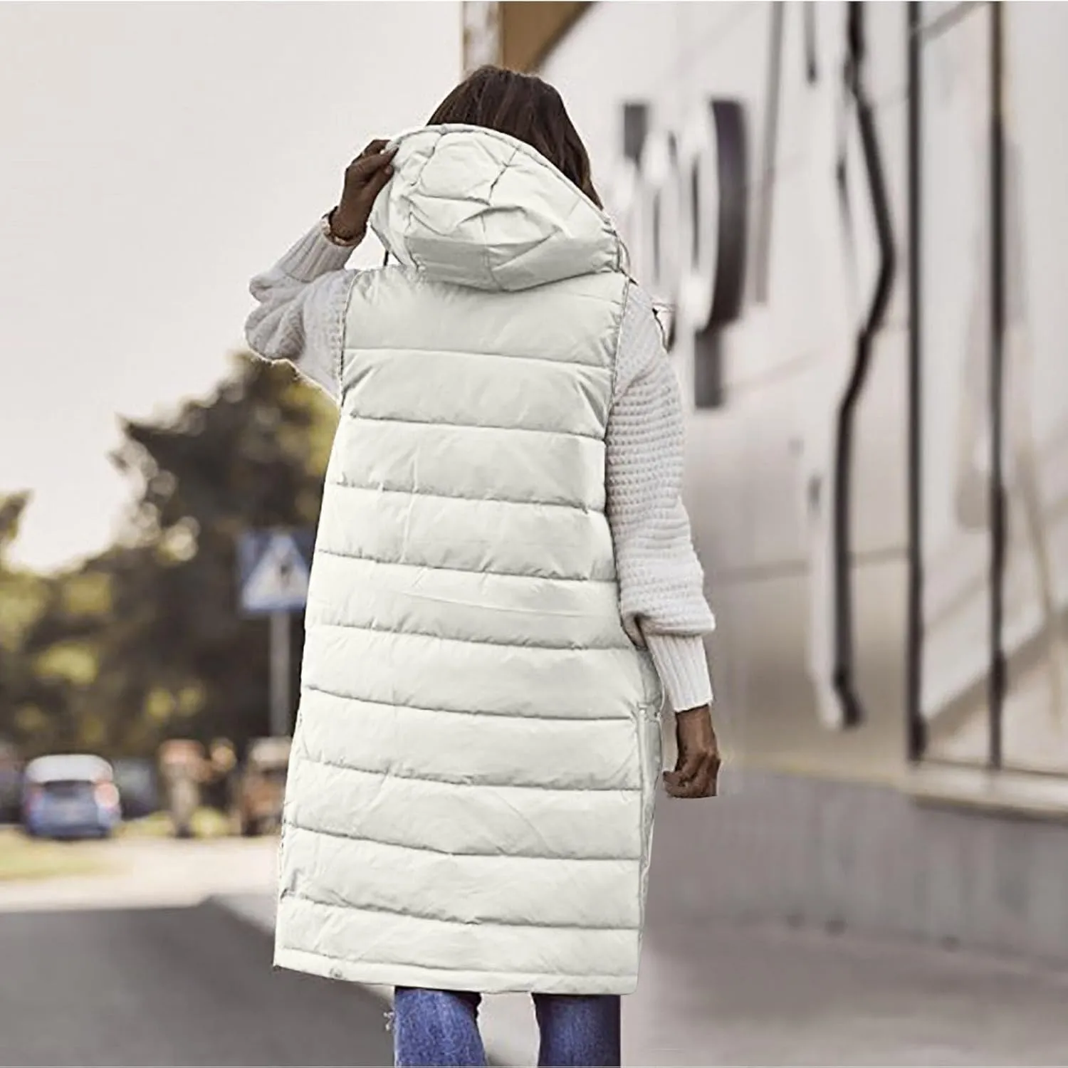 Women's Long Vest Sleeveless Lightweight Puffer Jacket Packable Hooded Down Coat Quilted Vest with Hood Winter Vests