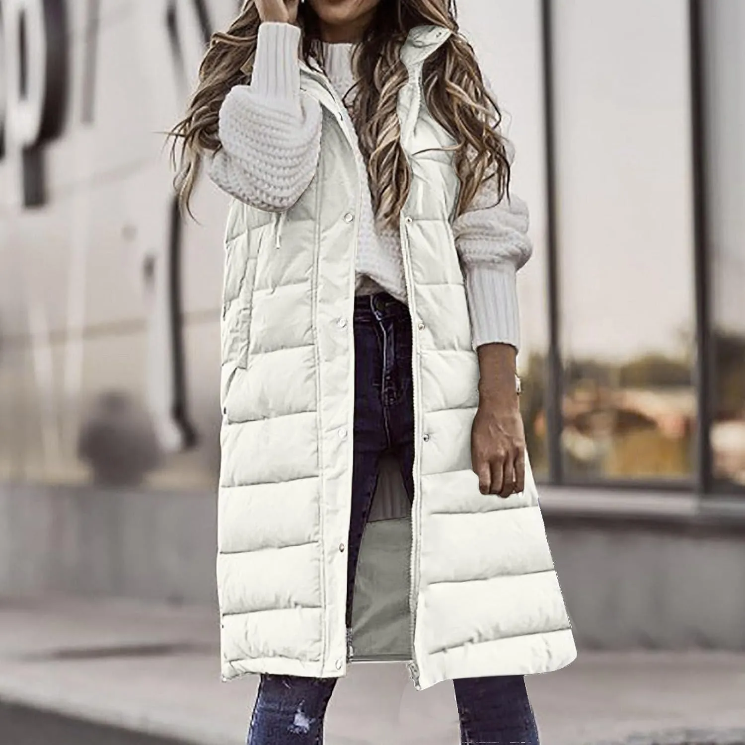 Women's Long Vest Sleeveless Lightweight Puffer Jacket Packable Hooded Down Coat Quilted Vest with Hood Winter Vests