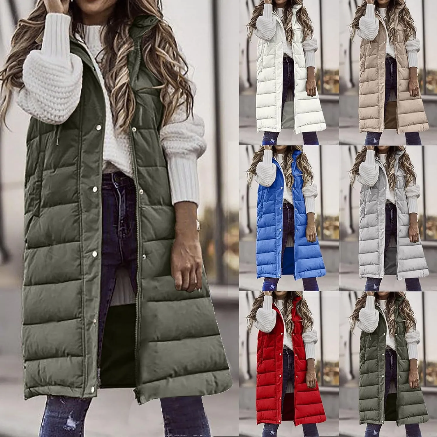 Women's Long Vest Sleeveless Lightweight Puffer Jacket Packable Hooded Down Coat Quilted Vest with Hood Winter Vests