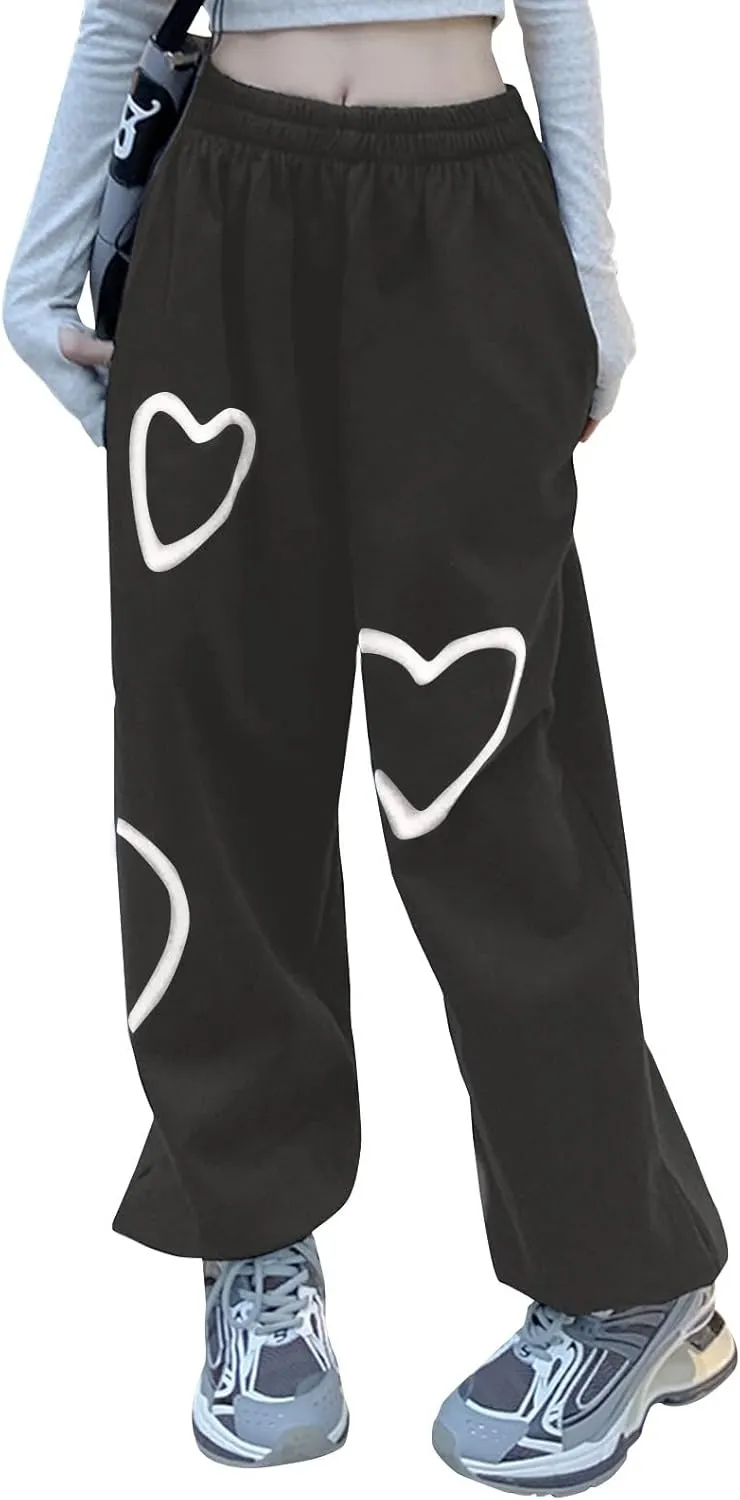 Womens Lounge Baggy Bottom Sweatpants Joggers High Waist Pants Heart Print Joggers Fashion Outfits Y2k Clothes 2024