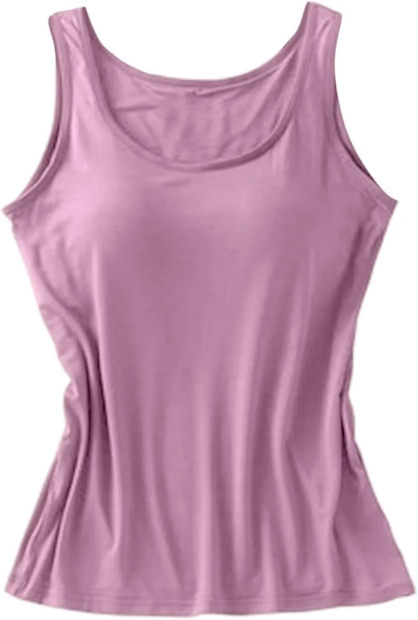 Womens Modal Built-in Bra Summer Basic Padded Yoga Shirt Shelf Bras Workout Camisole Casual Modal Undershirt