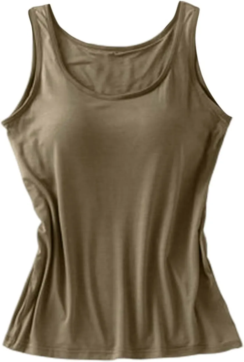 Womens Modal Built-in Bra Summer Basic Padded Yoga Shirt Shelf Bras Workout Camisole Casual Modal Undershirt