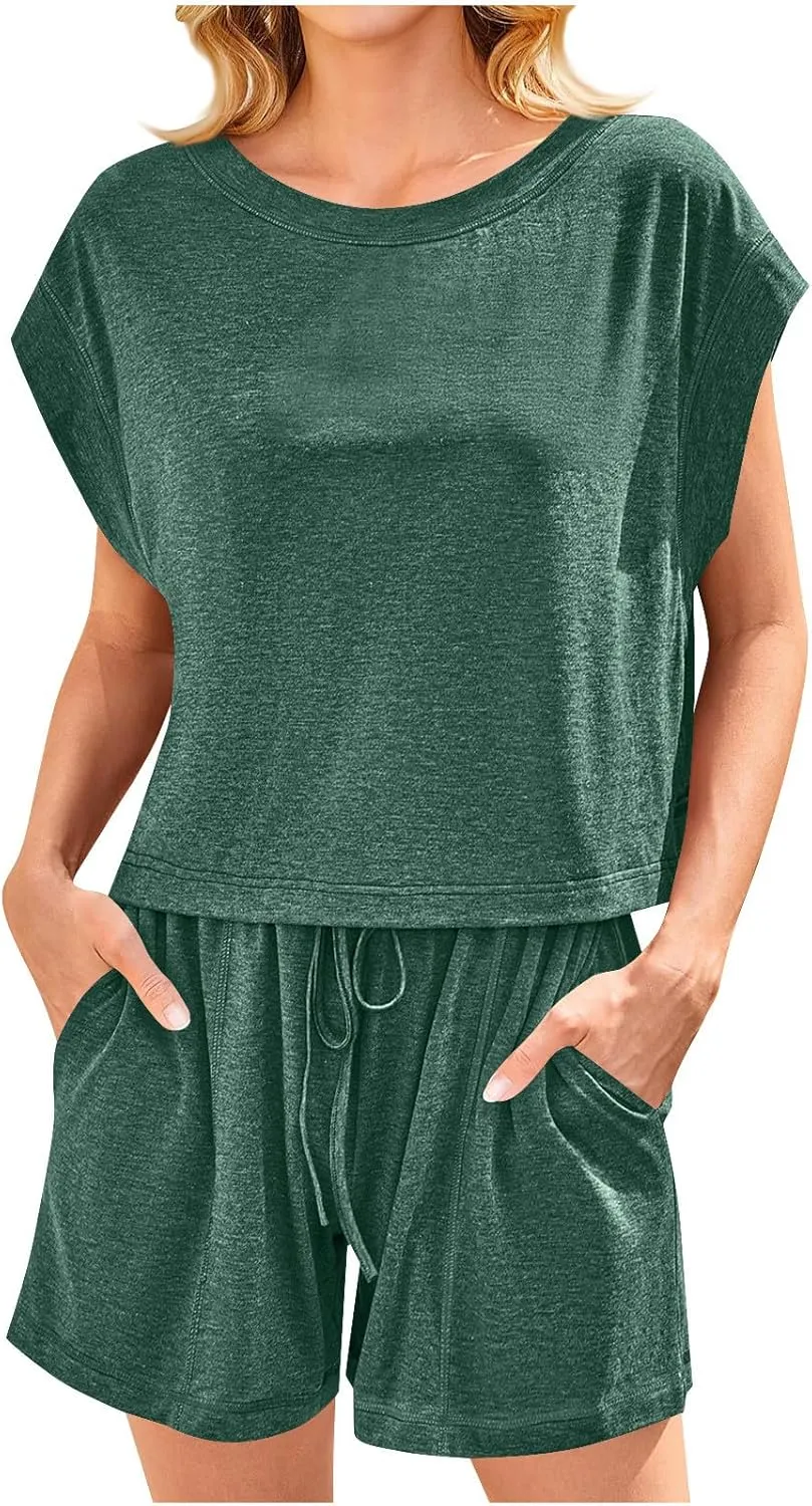 Women's Open Back Pajama Sets Loose Short Sleeve Crop Top with Shorts Comfy Soft Summer Sleepwear 2 Piece Pjs Lounge Set