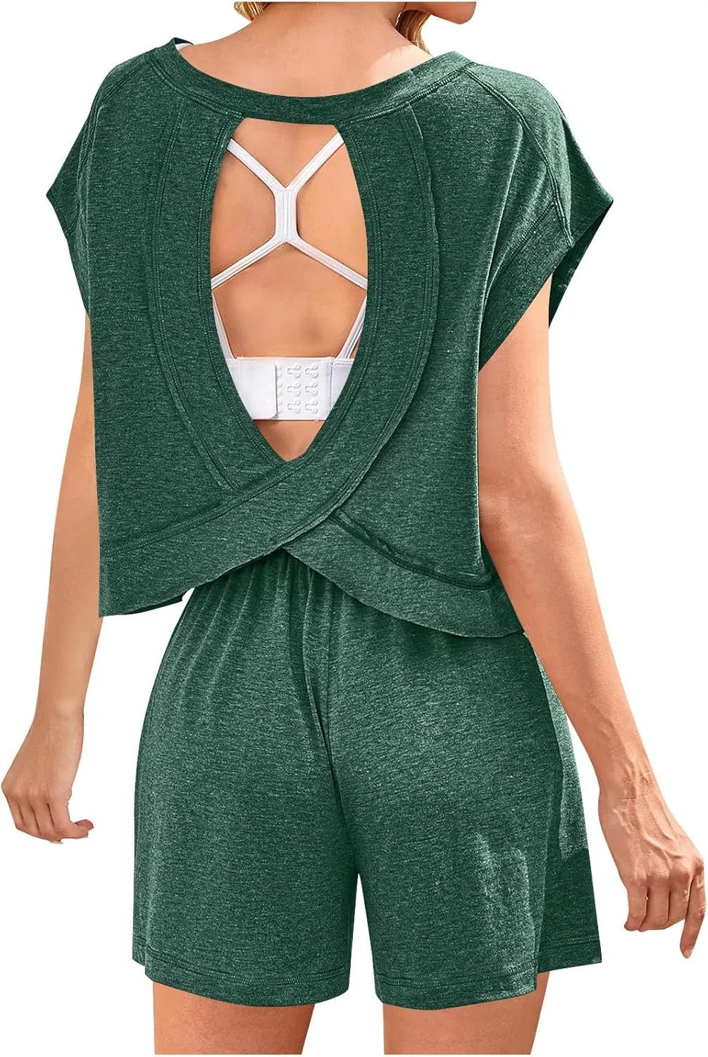 Women's Open Back Pajama Sets Loose Short Sleeve Crop Top with Shorts Comfy Soft Summer Sleepwear 2 Piece Pjs Lounge Set