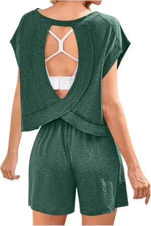 Women's Open Back Pajama Sets Loose Short Sleeve Crop Top with Shorts Comfy Soft Summer Sleepwear 2 Piece Pjs Lounge Set