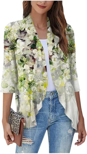 Womens Open Front Cardigan Lightweight Retro Print Cardigans 3/4 Sleeve Blouse Tops Coat Casual Duster Jackets