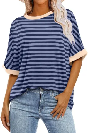 Womens Oversized T Shirts Loose Fit Crewneck Short Sleeve Casual Blouse Y2K Tee Tops Oversized Striped Shirts