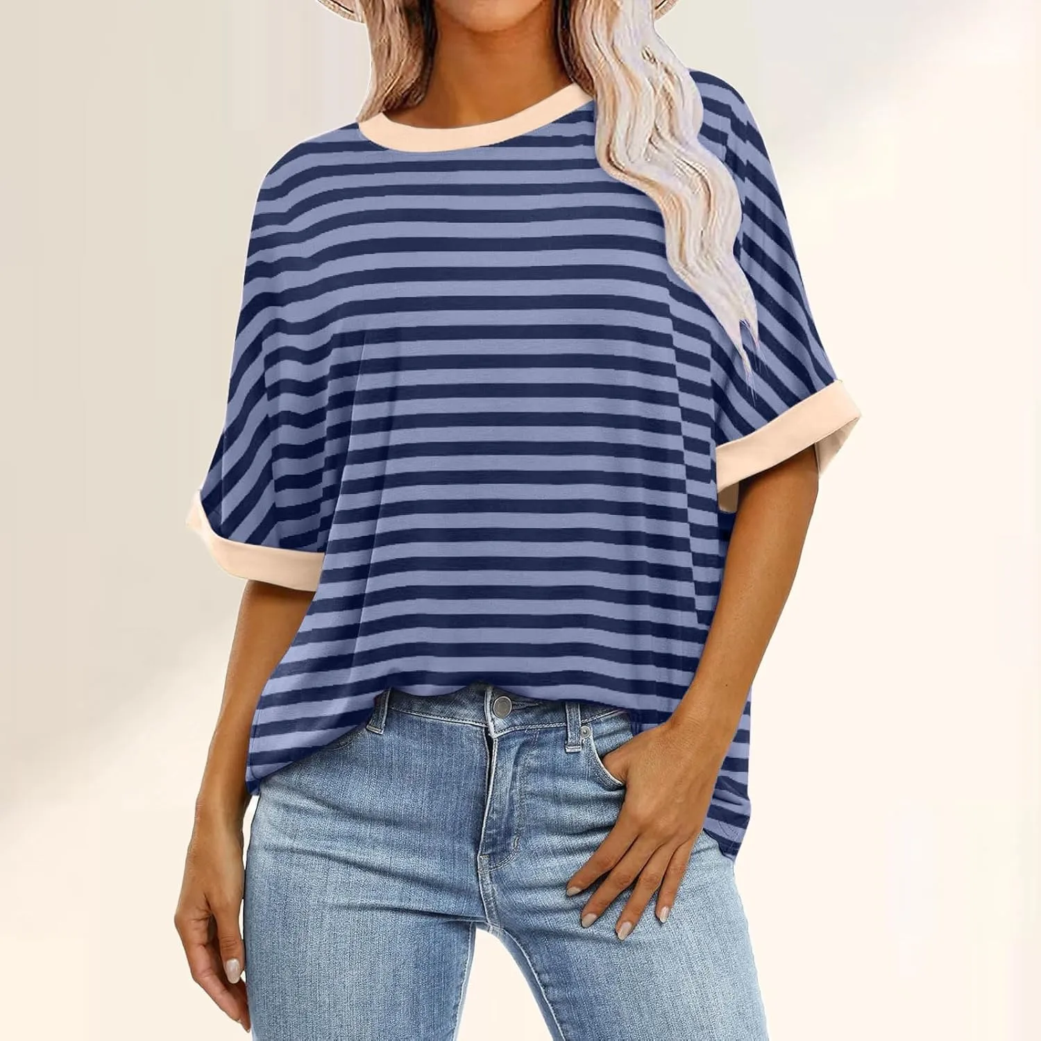 Womens Oversized T Shirts Loose Fit Crewneck Short Sleeve Casual Blouse Y2K Tee Tops Oversized Striped Shirts