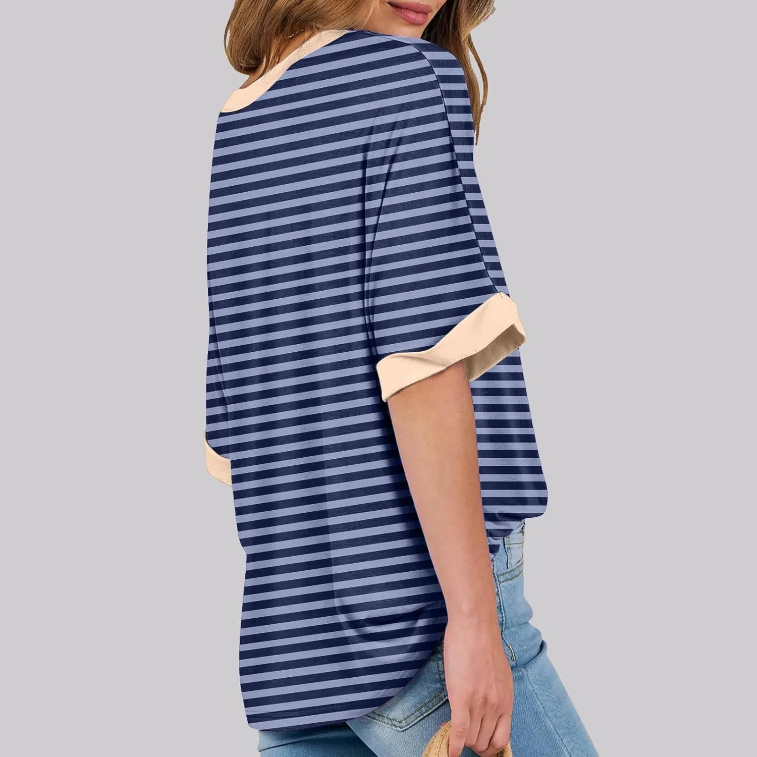 Womens Oversized T Shirts Loose Fit Crewneck Short Sleeve Casual Blouse Y2K Tee Tops Oversized Striped Shirts