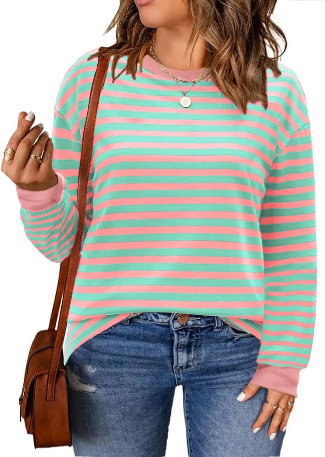 Womens-Plus-Size-Sweatshirts Trendy Striped Color Block Tops Casual Long Sleeve Shirts Cute Oversized Crewneck Tunics