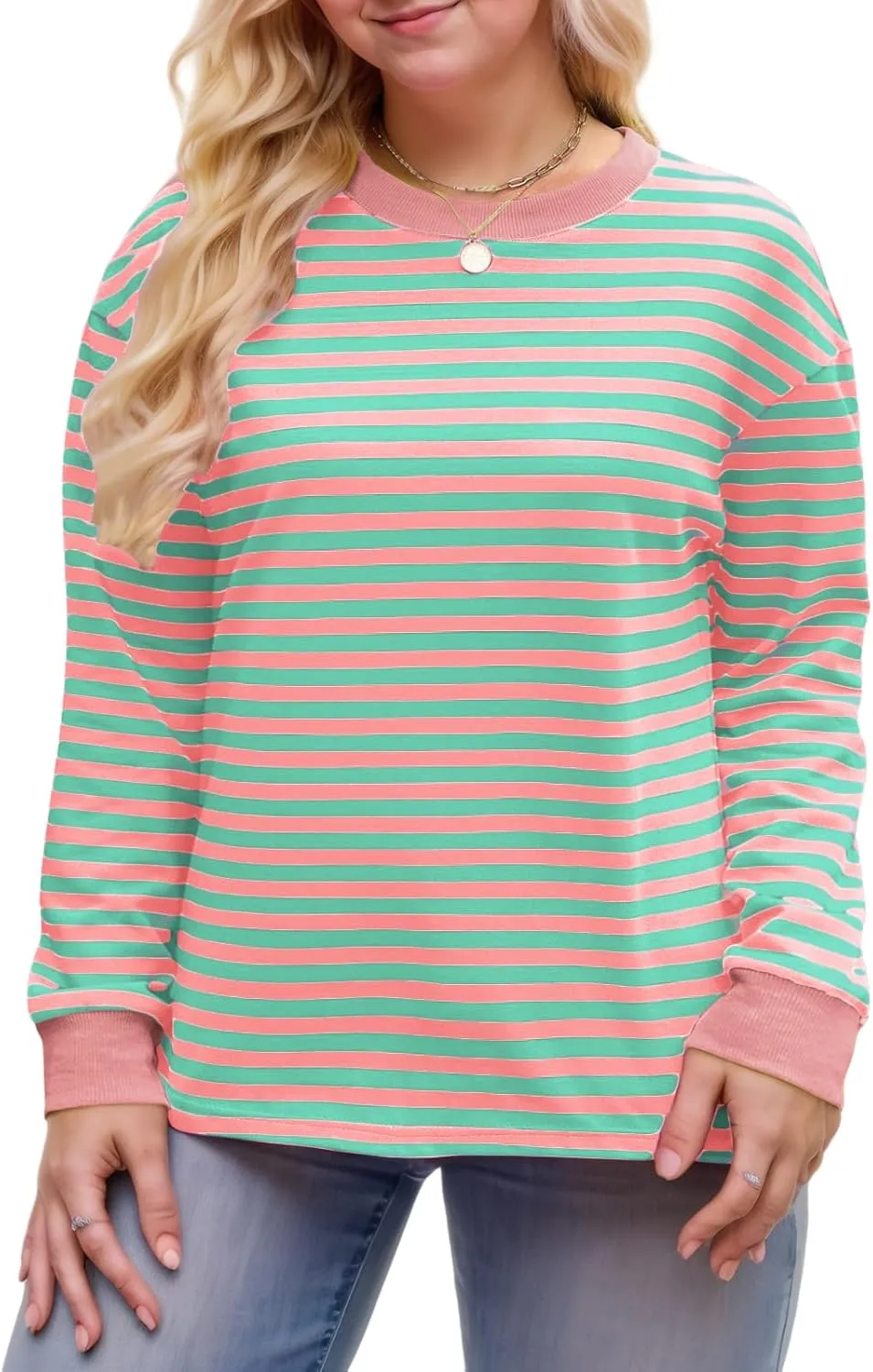 Womens-Plus-Size-Sweatshirts Trendy Striped Color Block Tops Casual Long Sleeve Shirts Cute Oversized Crewneck Tunics