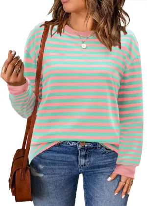 Womens-Plus-Size-Sweatshirts Trendy Striped Color Block Tops Casual Long Sleeve Shirts Cute Oversized Crewneck Tunics