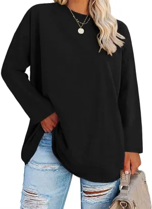 Women's Plus Size Tops Long Sleeve Crew Neck Oversized T Shirts Loose Casual Tunics Black