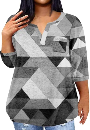 Womens Plus Size Tops V Neck Pullover Tshirts Casual Floral Printed Tunics Trendy Half Sleeve Spring Henley Shirts