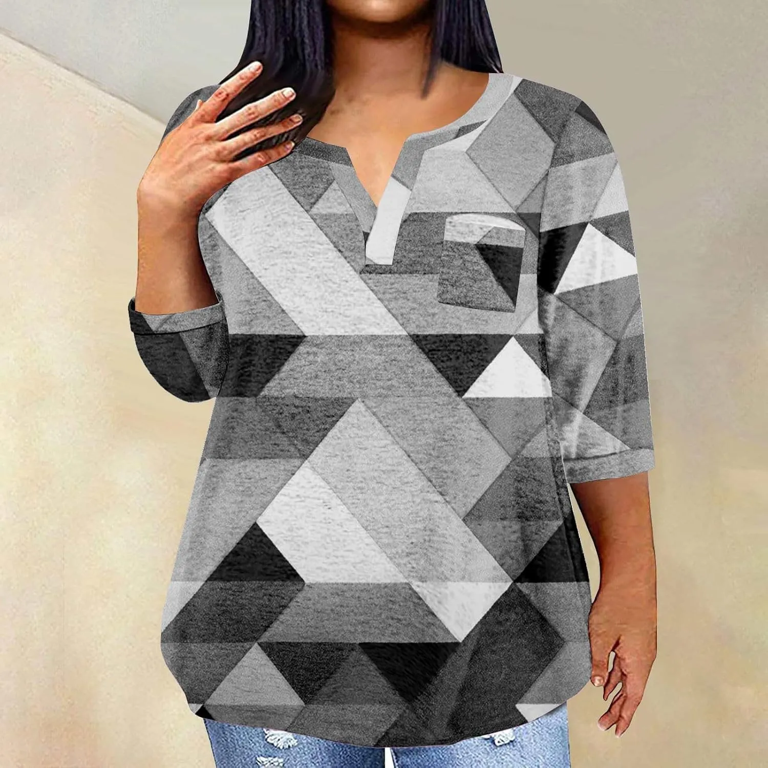 Womens Plus Size Tops V Neck Pullover Tshirts Casual Floral Printed Tunics Trendy Half Sleeve Spring Henley Shirts