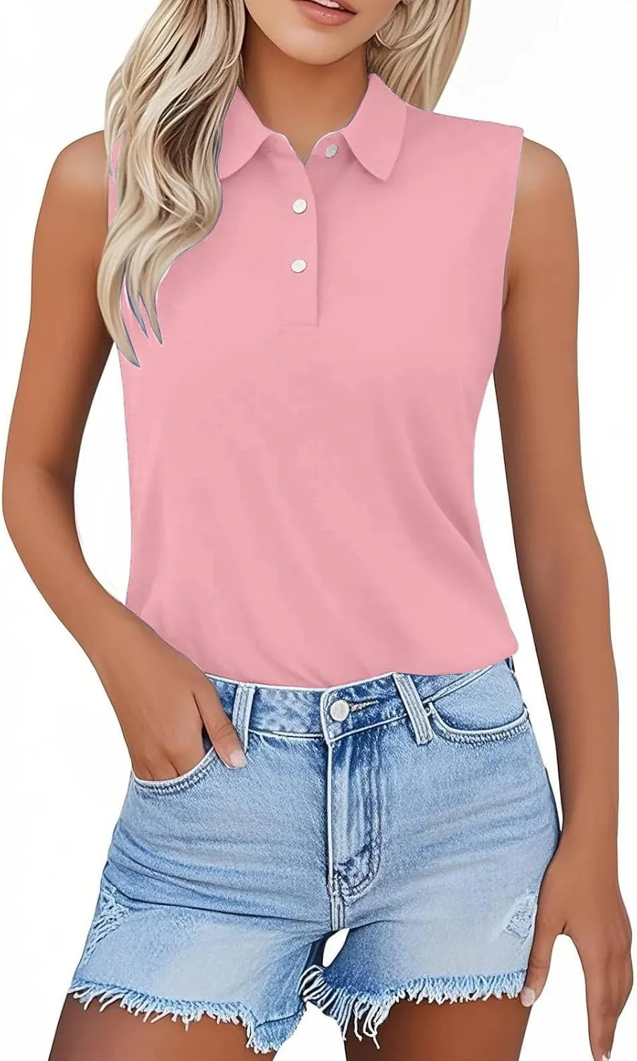 Womens Polo Shirts Summer Business Casual Work Tops Sleeveless Button Down Collared V Neck Golf Blouse T-Shirt