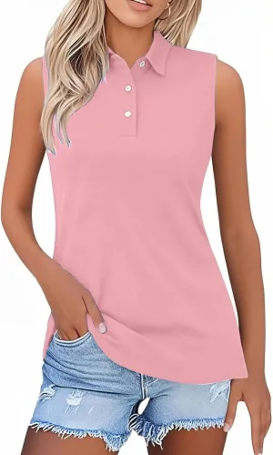 Womens Polo Shirts Summer Business Casual Work Tops Sleeveless Button Down Collared V Neck Golf Blouse T-Shirt