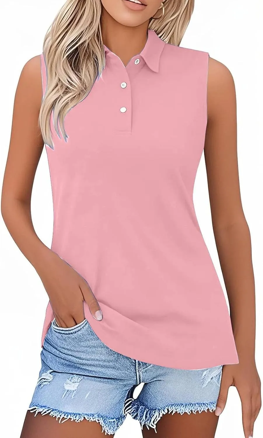 Womens Polo Shirts Summer Business Casual Work Tops Sleeveless Button Down Collared V Neck Golf Blouse T-Shirt