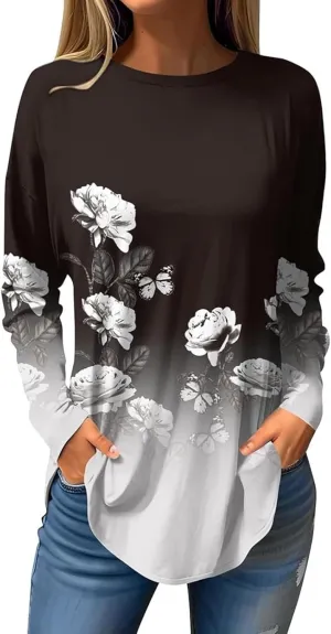 Women's Pullover Tunics Tops Casual Elegant Long Sleeve Oversized Printed Tee Shirts Fashion Crewneck Graphic Blouse