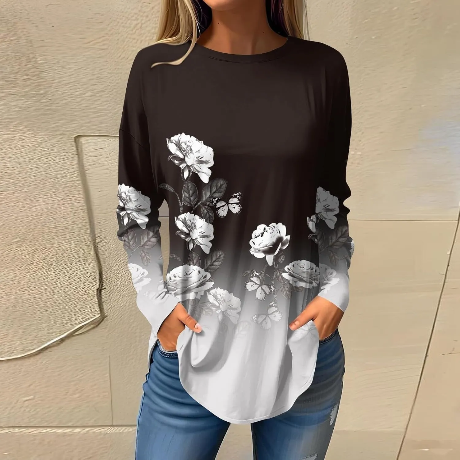 Women's Pullover Tunics Tops Casual Elegant Long Sleeve Oversized Printed Tee Shirts Fashion Crewneck Graphic Blouse