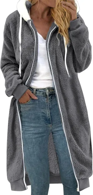 Womens Sherpa Fleece Jacket Oversize Chunky Warm Fuzzy Winter Hooded Coats Casual Medium Length Hoodies with Pockets