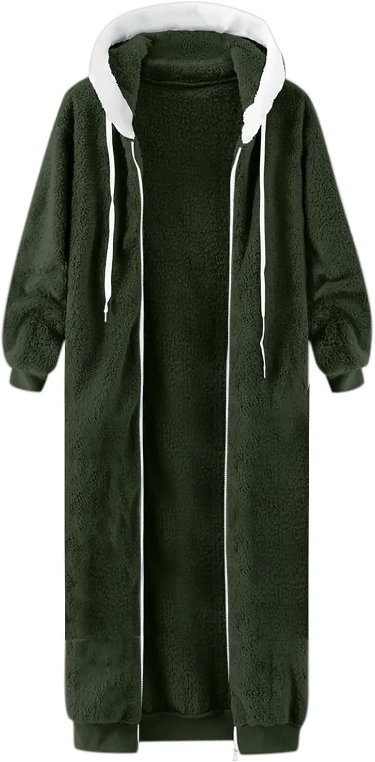 Womens Sherpa Fleece Jacket Oversize Chunky Warm Fuzzy Winter Hooded Coats Casual Medium Length Hoodies with Pockets