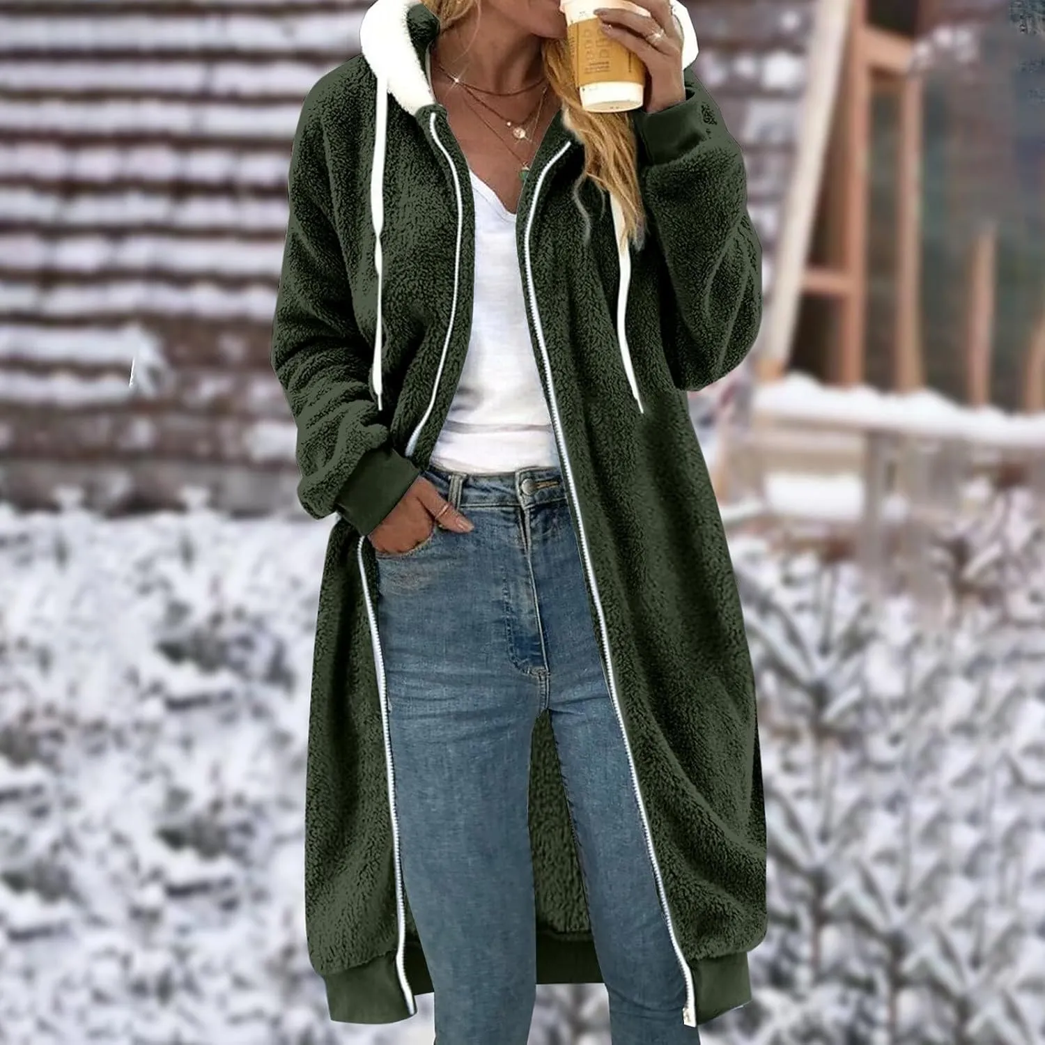 Womens Sherpa Fleece Jacket Oversize Chunky Warm Fuzzy Winter Hooded Coats Casual Medium Length Hoodies with Pockets