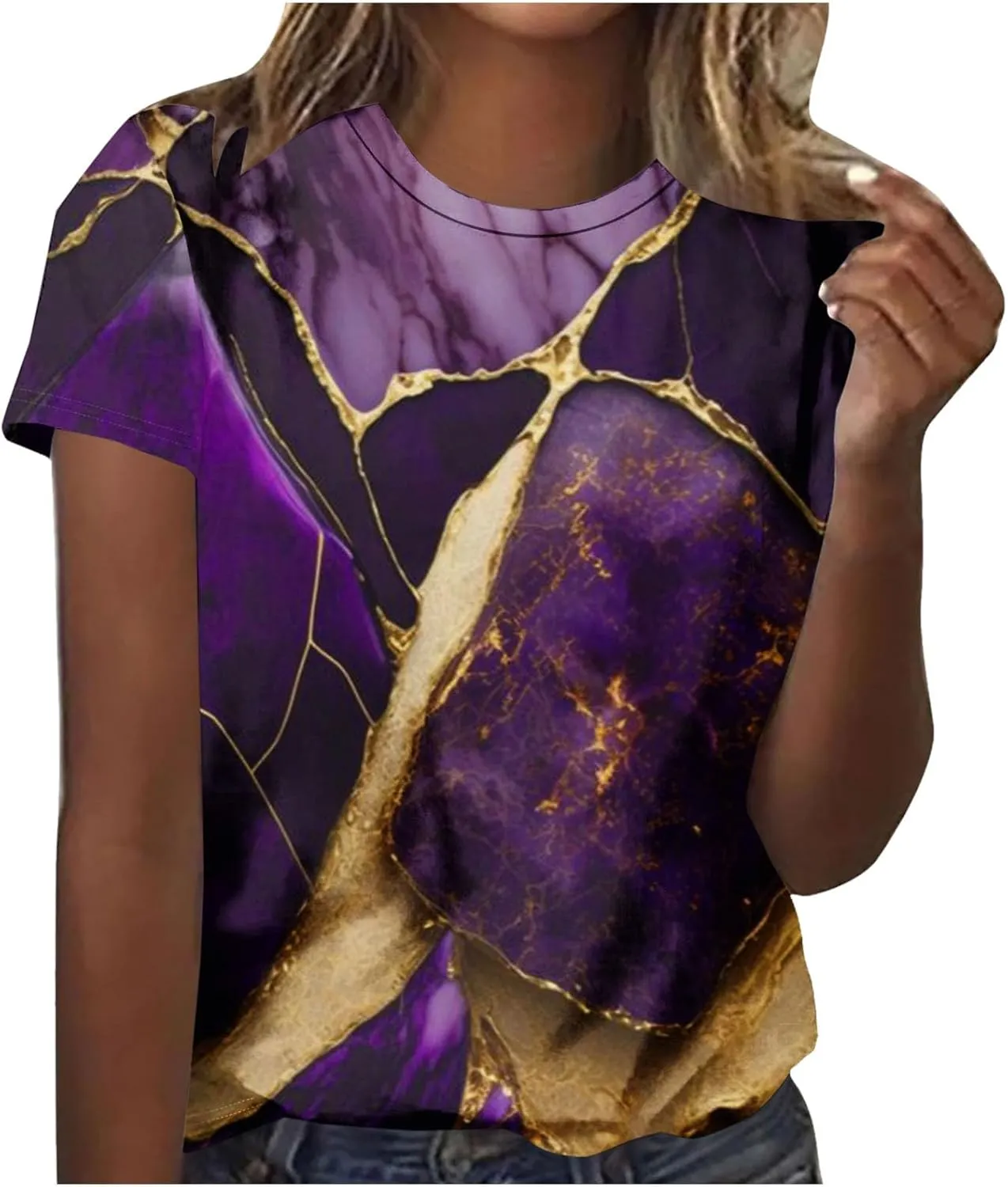 Womens Shirts Trendy Short Sleeve Crewneck Blouse Pullover Casual Loose Marble Print Graphic Tee Shirt Summer Fashion