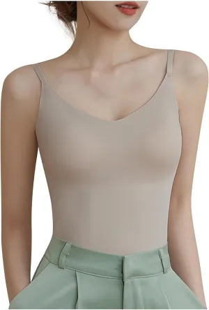 Womens Shirts with Padded V Neck Soft Silk Smooth Tank Tops Going Out Basic Tanks Push Up Trendy Regular Shirt