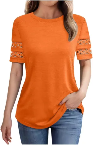 Women's Short Sleeve Dressy Tops Lace Summer Tops 2025 Spring Trendy Casual T-Shirts Cute Work Outfits Blouses