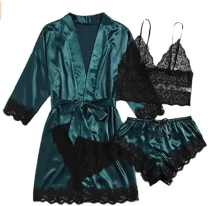 Womens Silk Pajamas Robes Set 4PACKS Sexy Pjs Cami Shorts Satin Sleepwear Lace Loungewear (Dark Green, XX-large)