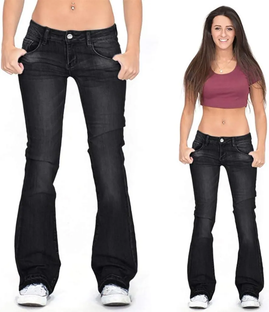 Womens Skinny Bell Bottom Jeans Ripped High Waisted Classic Totally Shaping Slim Fit Fitted Denim Pants