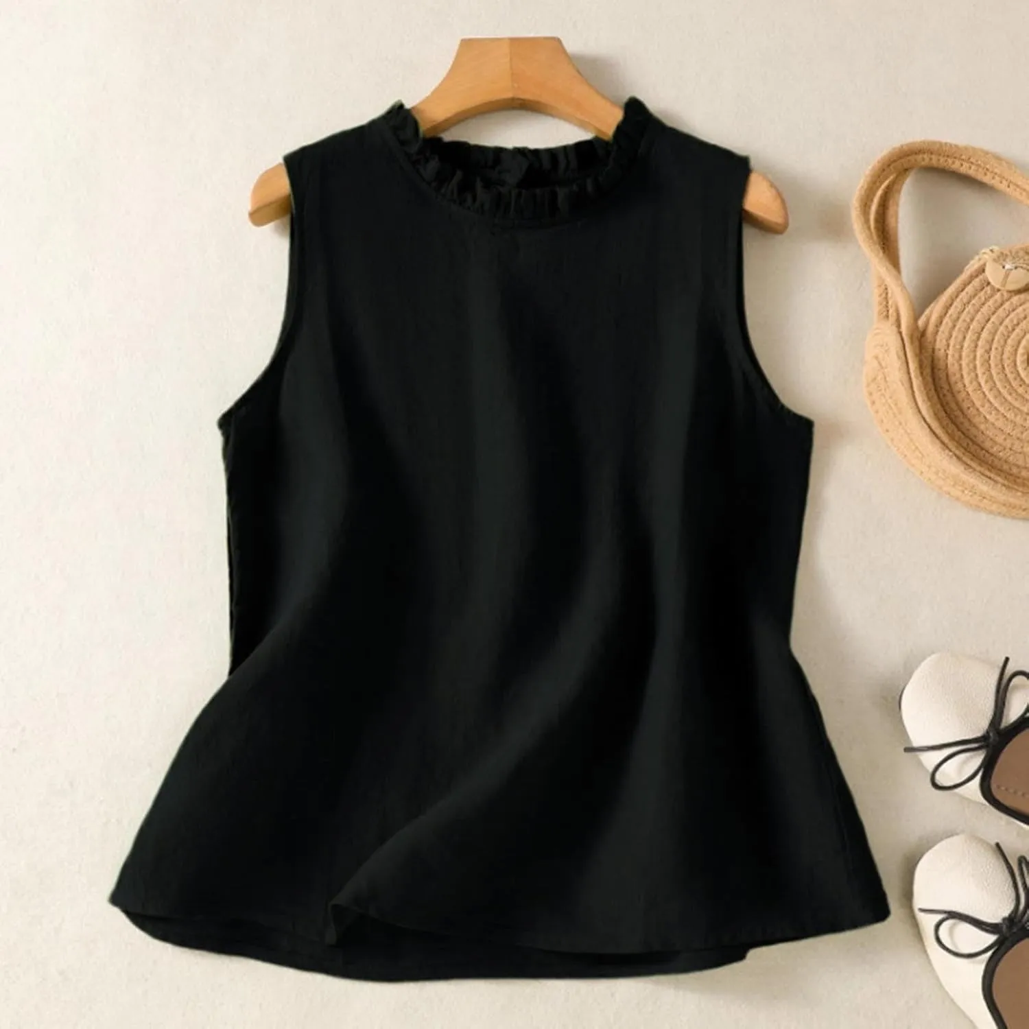 Womens Sleeveless Spaghetti Strap Cotton Linen Tank Tops Casual Solid Color Dressy Loose Cami Tee Summer Flowy Shirts
