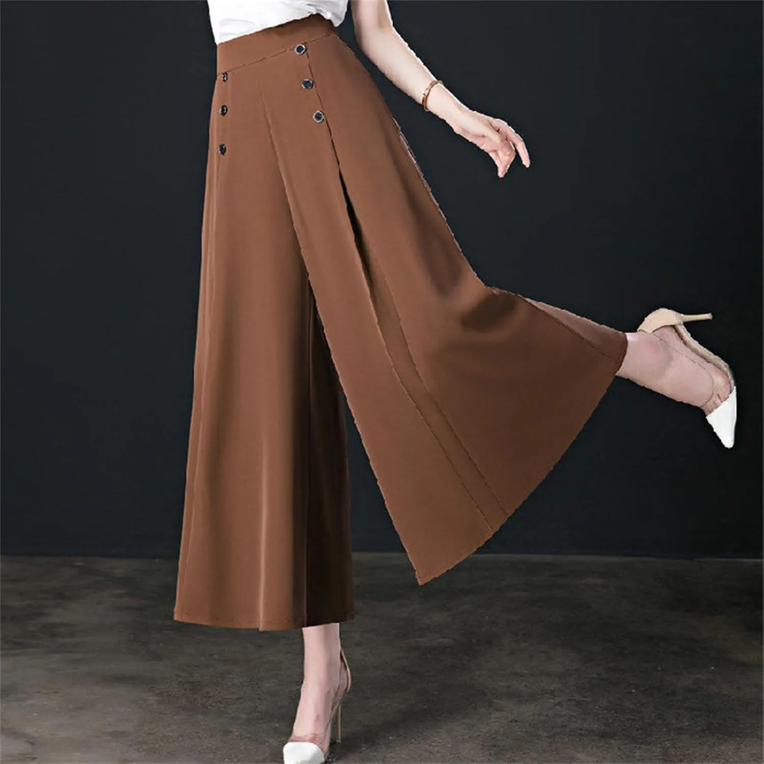 Women's Solid Flowy High Waist Pleade Cropped Trousers Cotton Lightweihgt Straight Plus Size Casual Business Pants