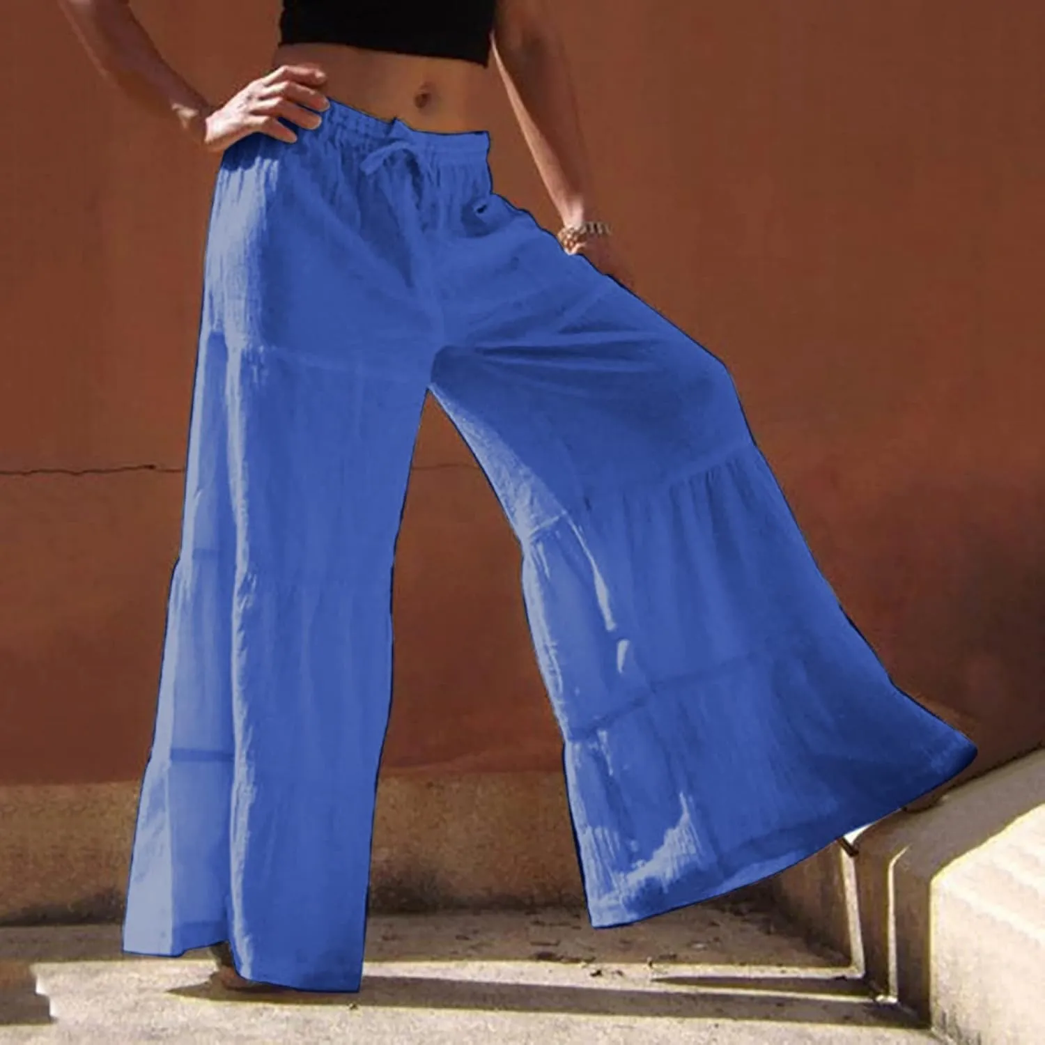 Women's Solid Trendy High Waist Drawstring Pants with Pockets for Summer Beach Vacation Plus Size Baggy Yoga Pants