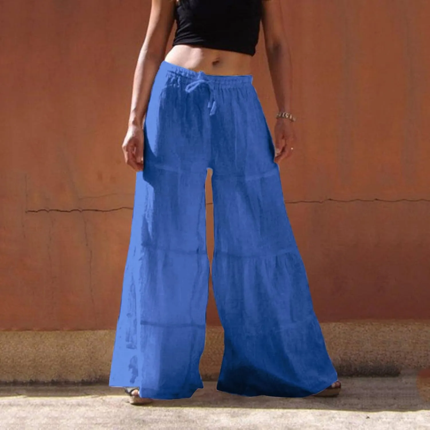 Women's Solid Trendy High Waist Drawstring Pants with Pockets for Summer Beach Vacation Plus Size Baggy Yoga Pants