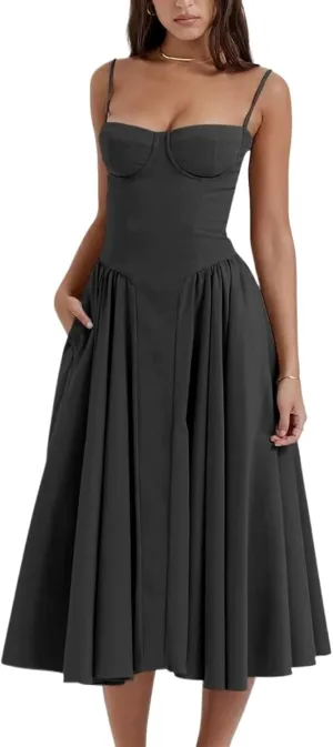 Women's Spaghetti Strap Dresses Elegant Slim Backless Midi Dress Solid Suspender Summer Party Evening Robes Bodycon