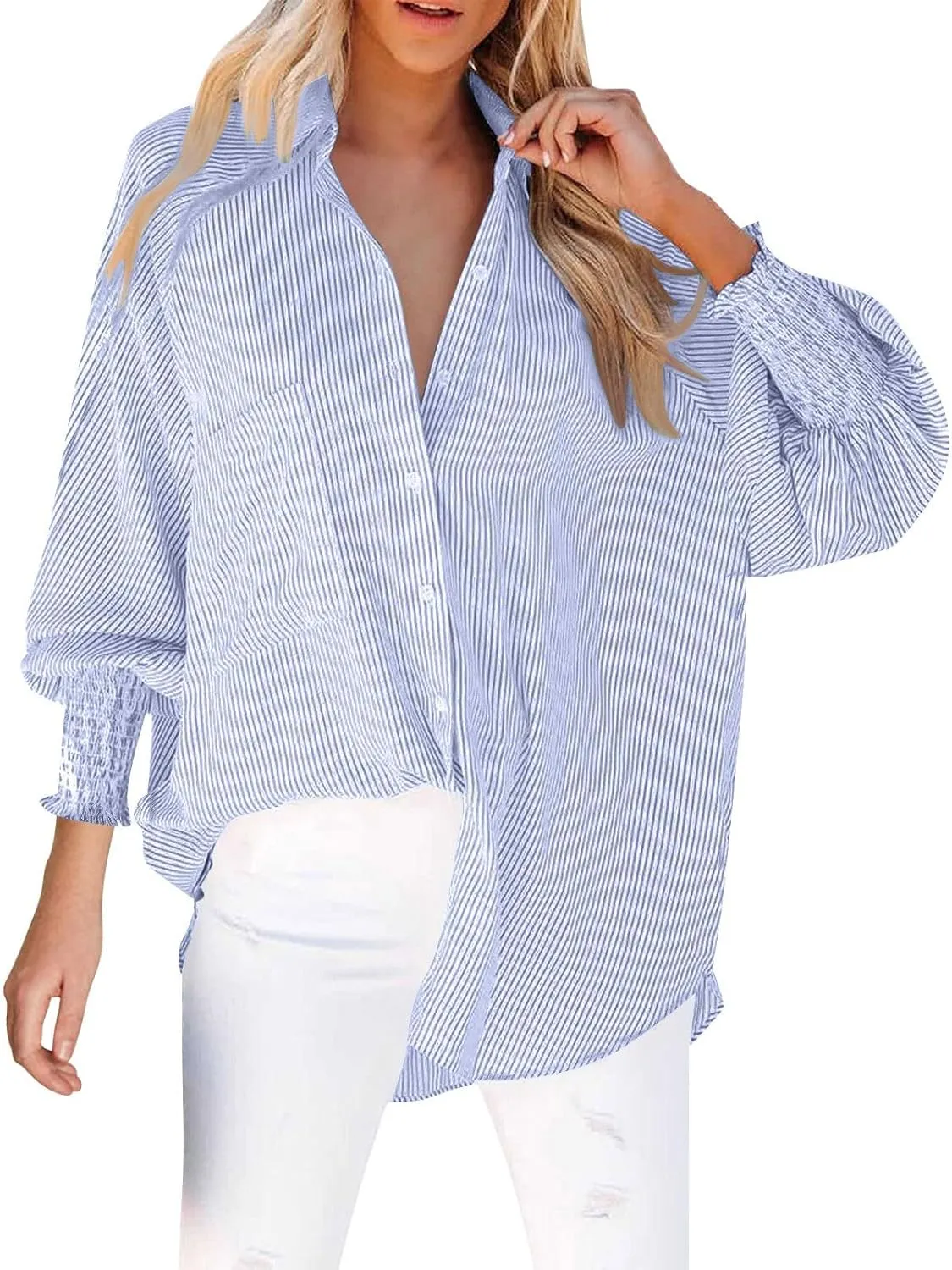 Women's Striped Button Down Shirts Puff Sleeve Oversized Blouses Boyfriends Loose Tunics Business Work Tops