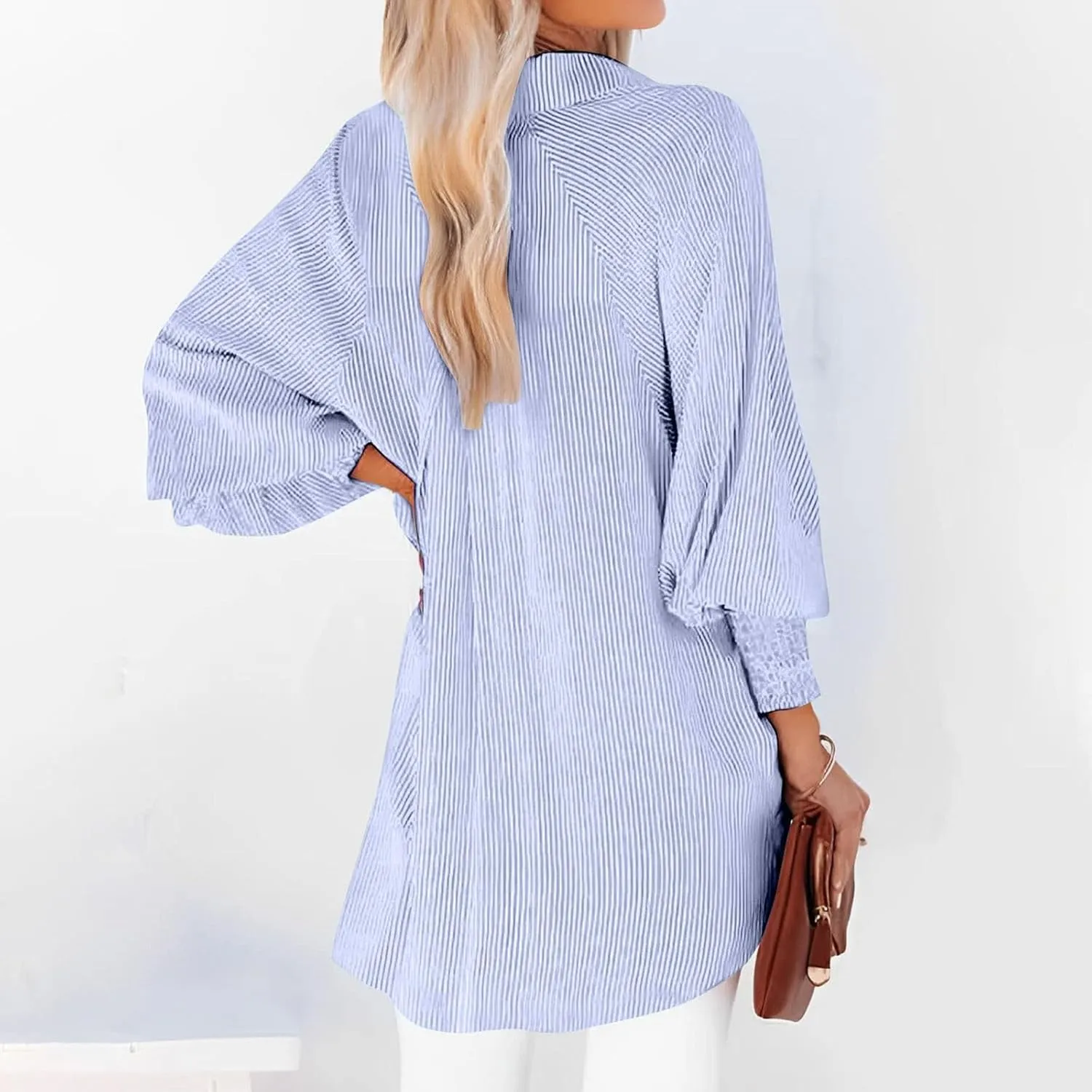 Women's Striped Button Down Shirts Puff Sleeve Oversized Blouses Boyfriends Loose Tunics Business Work Tops
