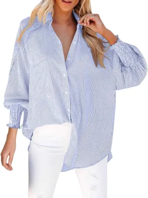 Women's Striped Button Down Shirts Puff Sleeve Oversized Blouses Boyfriends Loose Tunics Business Work Tops