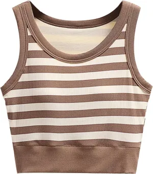 Womens Striped Tank Tops with Built in Bra Sexy Crop Padded Preppy Yoga Shirts Vintage Color Block Sleeveless Tees