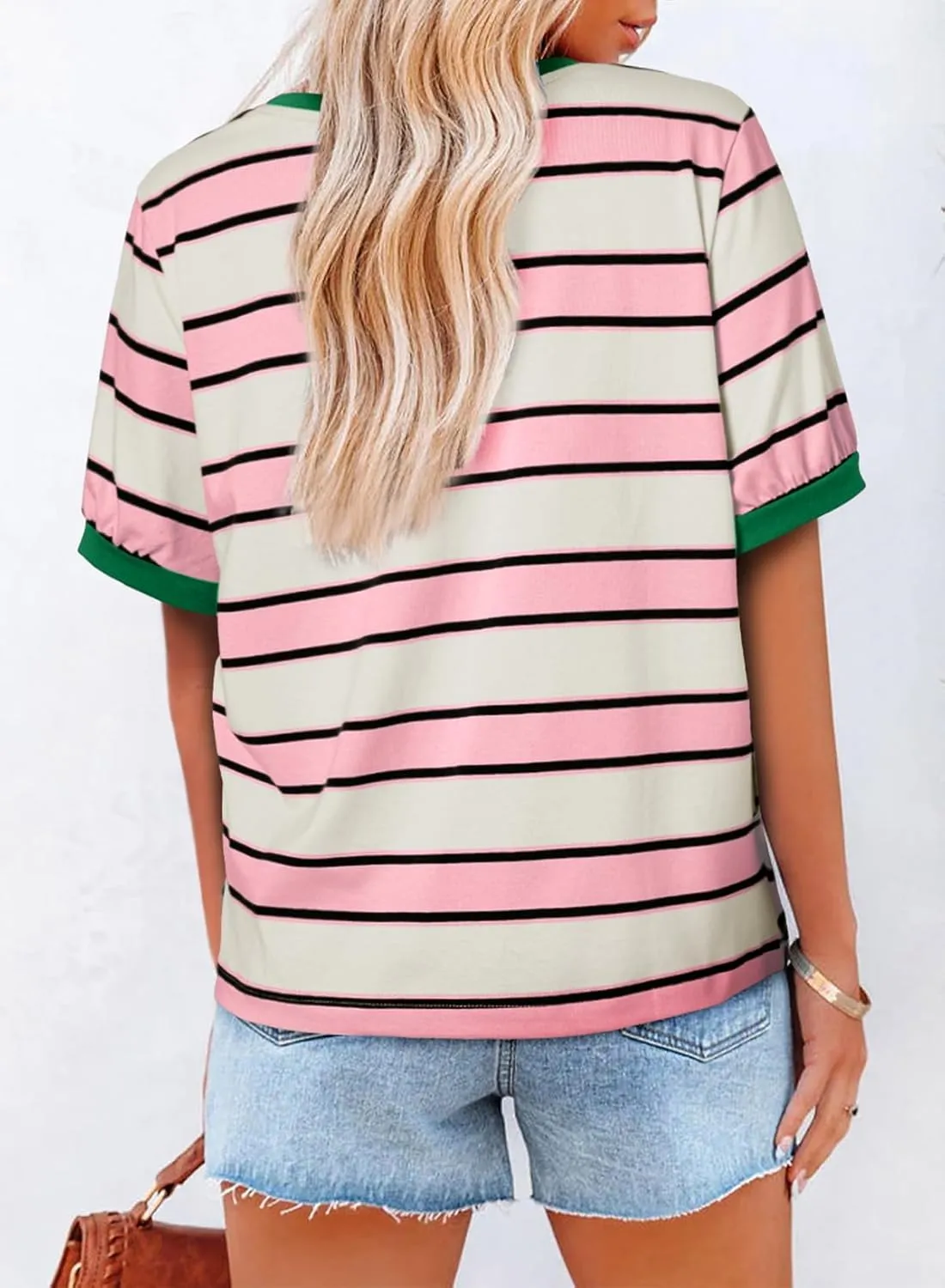 Womens Summer Tops Striped Basic Color Block Short Sleeve T-Shirts Crewneck Casual Loose Tee Blouses
