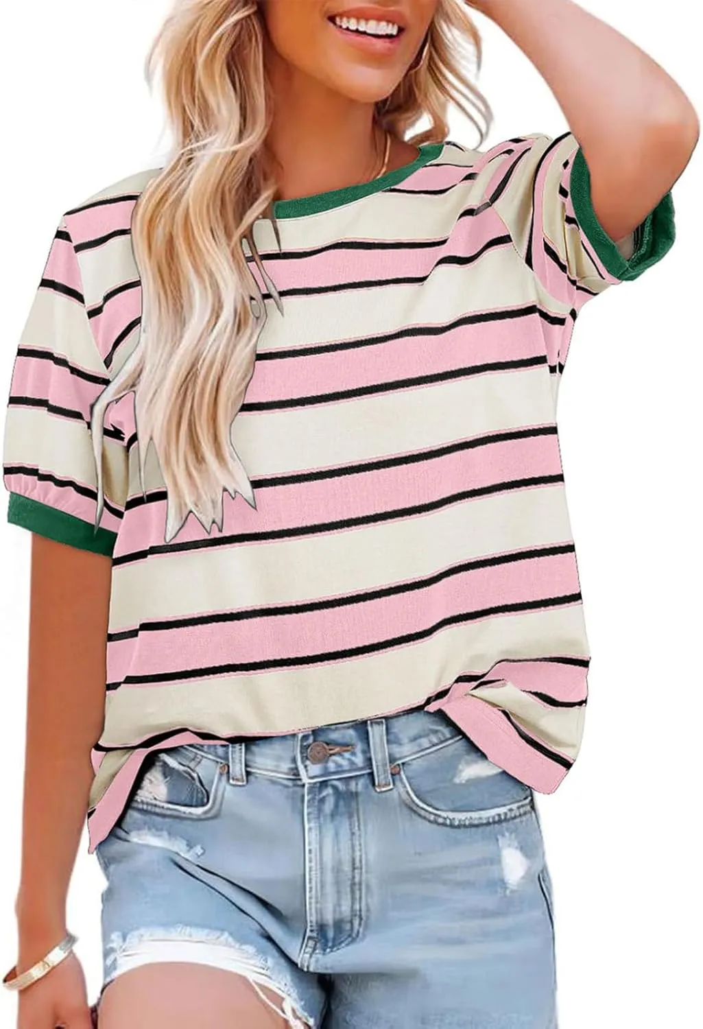 Womens Summer Tops Striped Basic Color Block Short Sleeve T-Shirts Crewneck Casual Loose Tee Blouses
