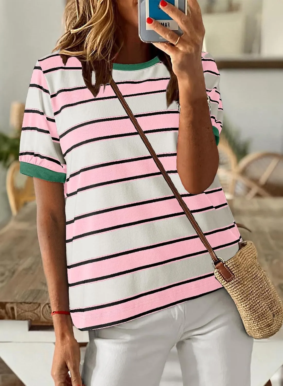 Womens Summer Tops Striped Basic Color Block Short Sleeve T-Shirts Crewneck Casual Loose Tee Blouses