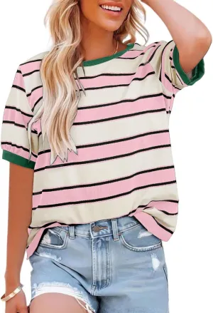 Womens Summer Tops Striped Basic Color Block Short Sleeve T-Shirts Crewneck Casual Loose Tee Blouses