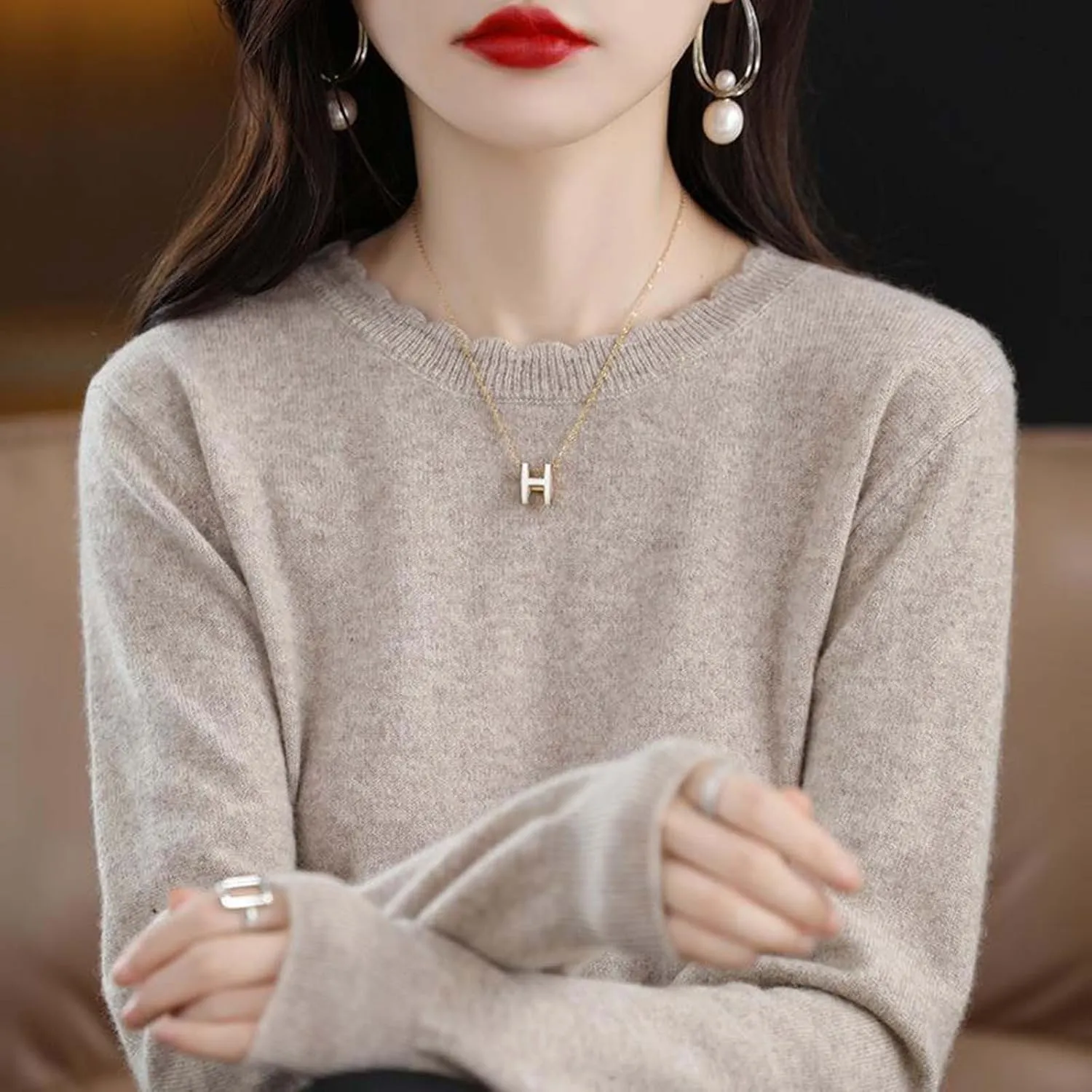 Women's Sweater Crewneck Cashmere Solid Color Long Sleeve Bottoming Shirt Pullover Tops Trendy Thermal Shirt Outfits
