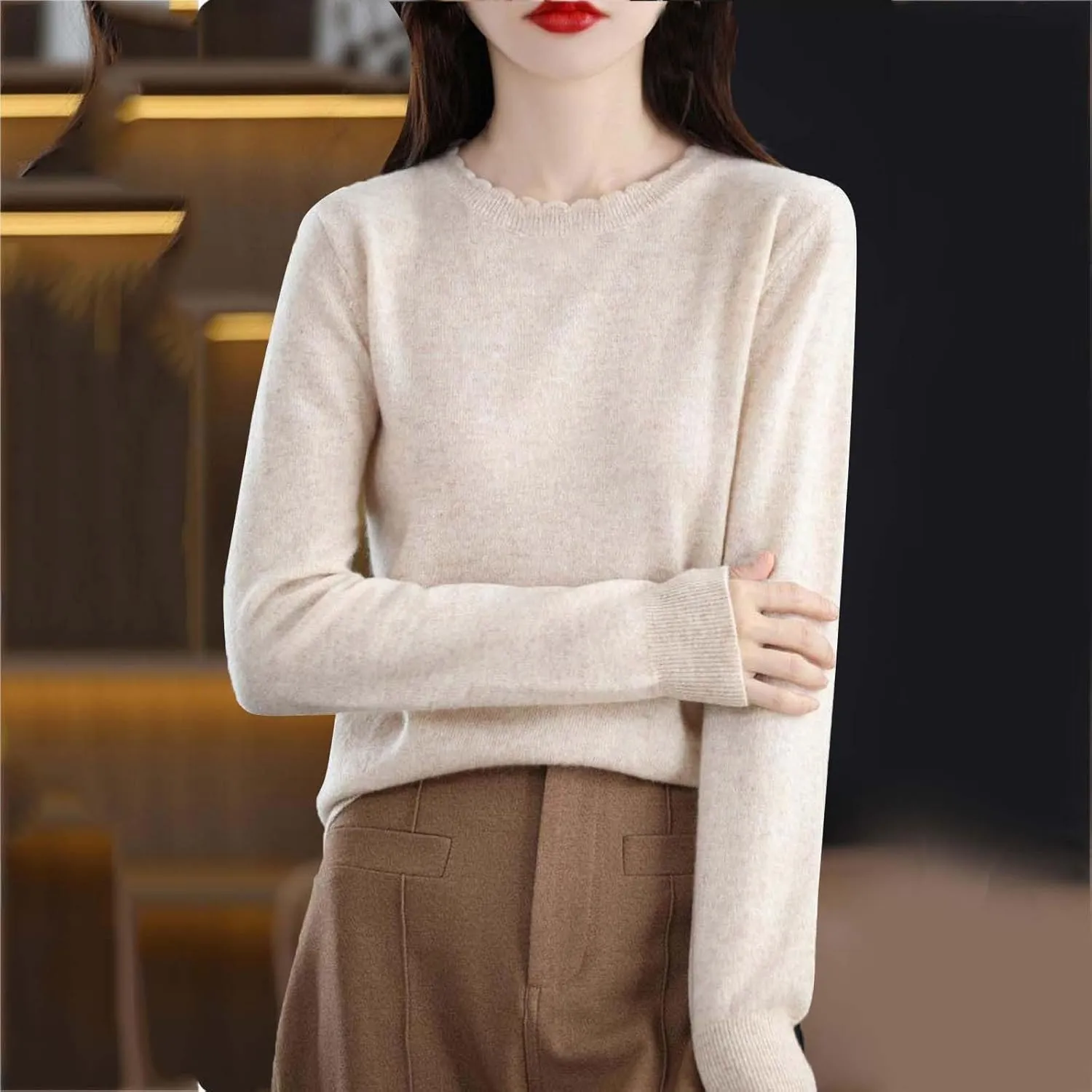 Women's Sweater Crewneck Cashmere Solid Color Long Sleeve Bottoming Shirt Pullover Tops Trendy Thermal Shirt Outfits