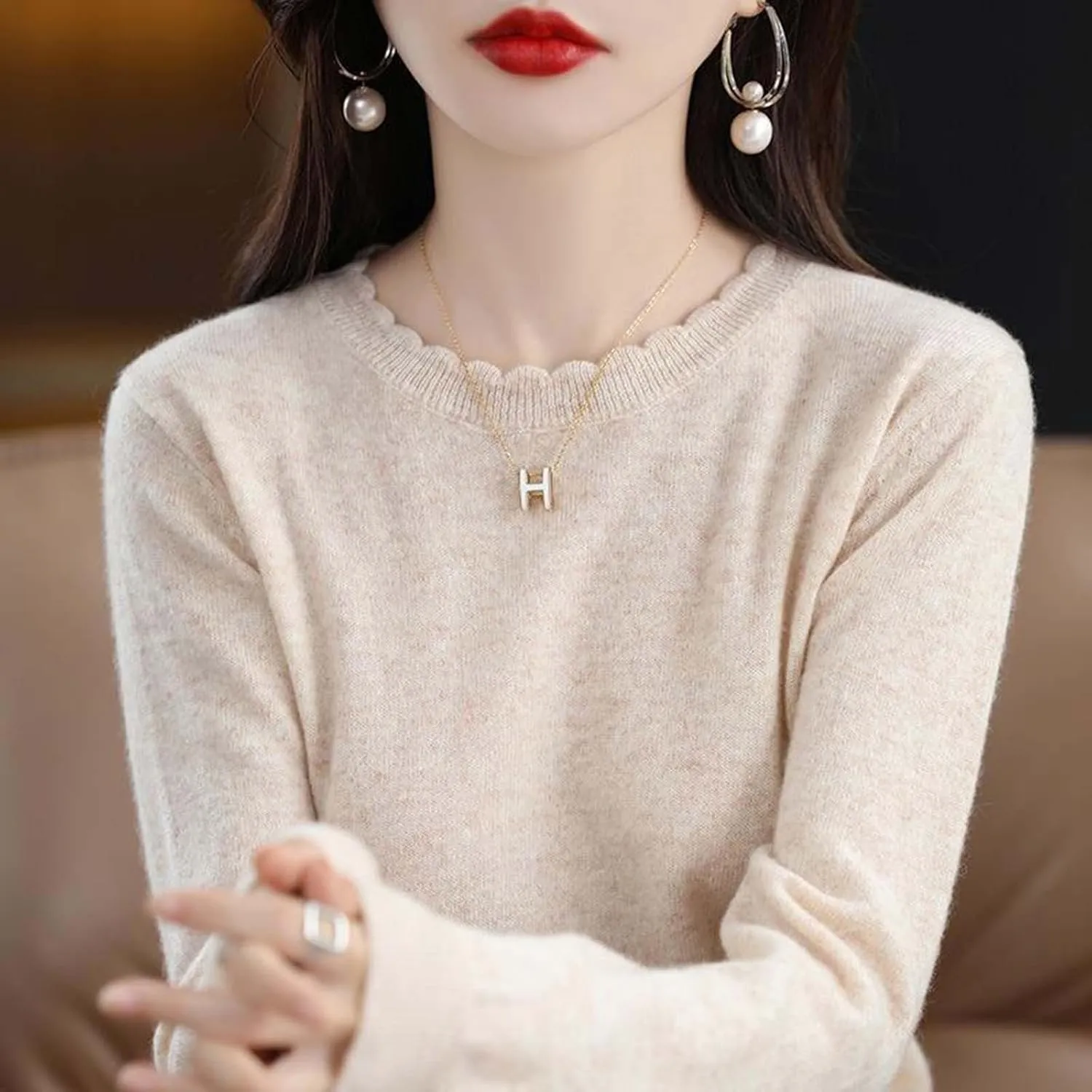 Women's Sweater Crewneck Cashmere Solid Color Long Sleeve Bottoming Shirt Pullover Tops Trendy Thermal Shirt Outfits