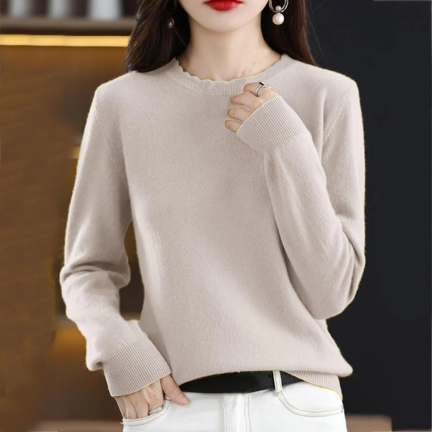 Women's Sweater Crewneck Cashmere Solid Color Long Sleeve Bottoming Shirt Pullover Tops Trendy Thermal Shirt Outfits