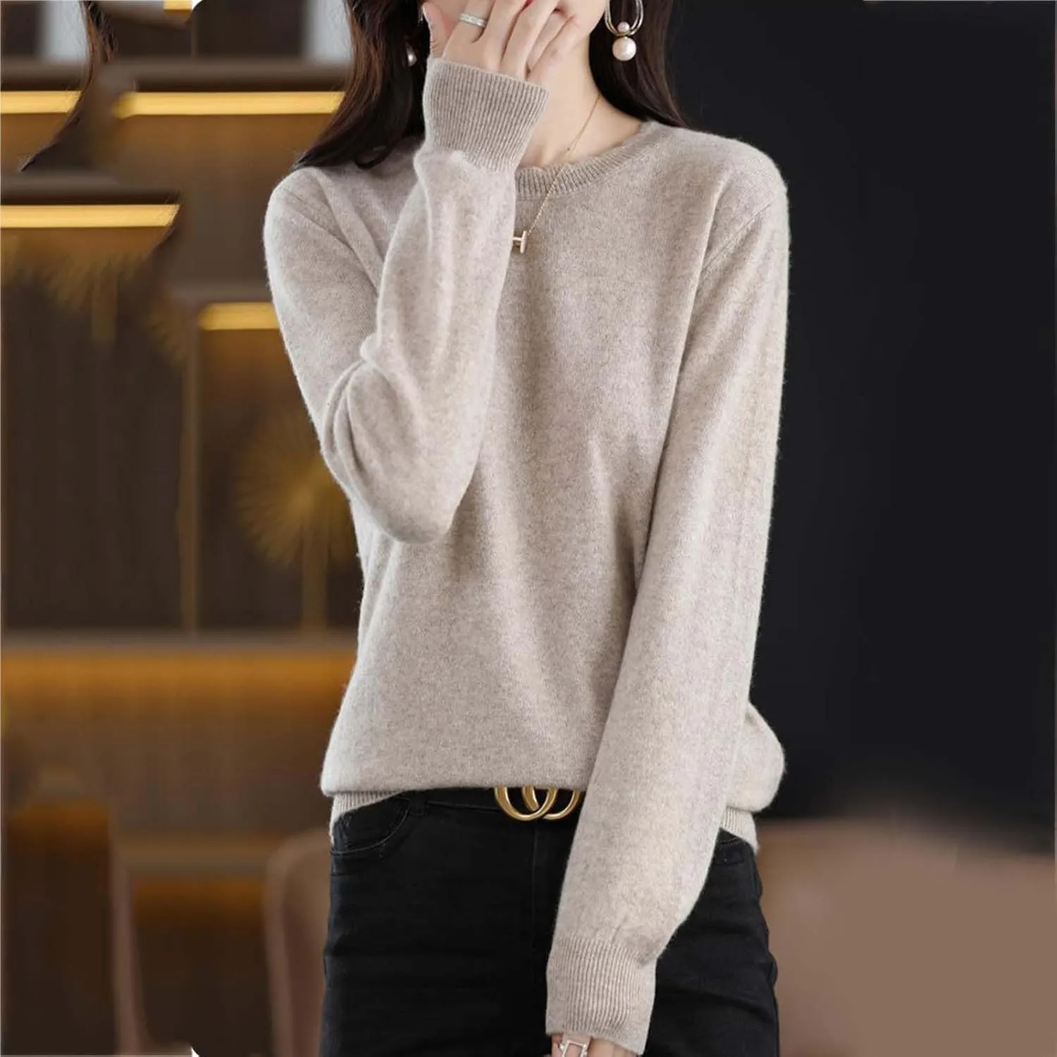 Women's Sweater Crewneck Cashmere Solid Color Long Sleeve Bottoming Shirt Pullover Tops Trendy Thermal Shirt Outfits